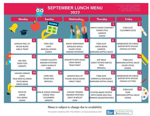 September 2022 Lunch Menu
